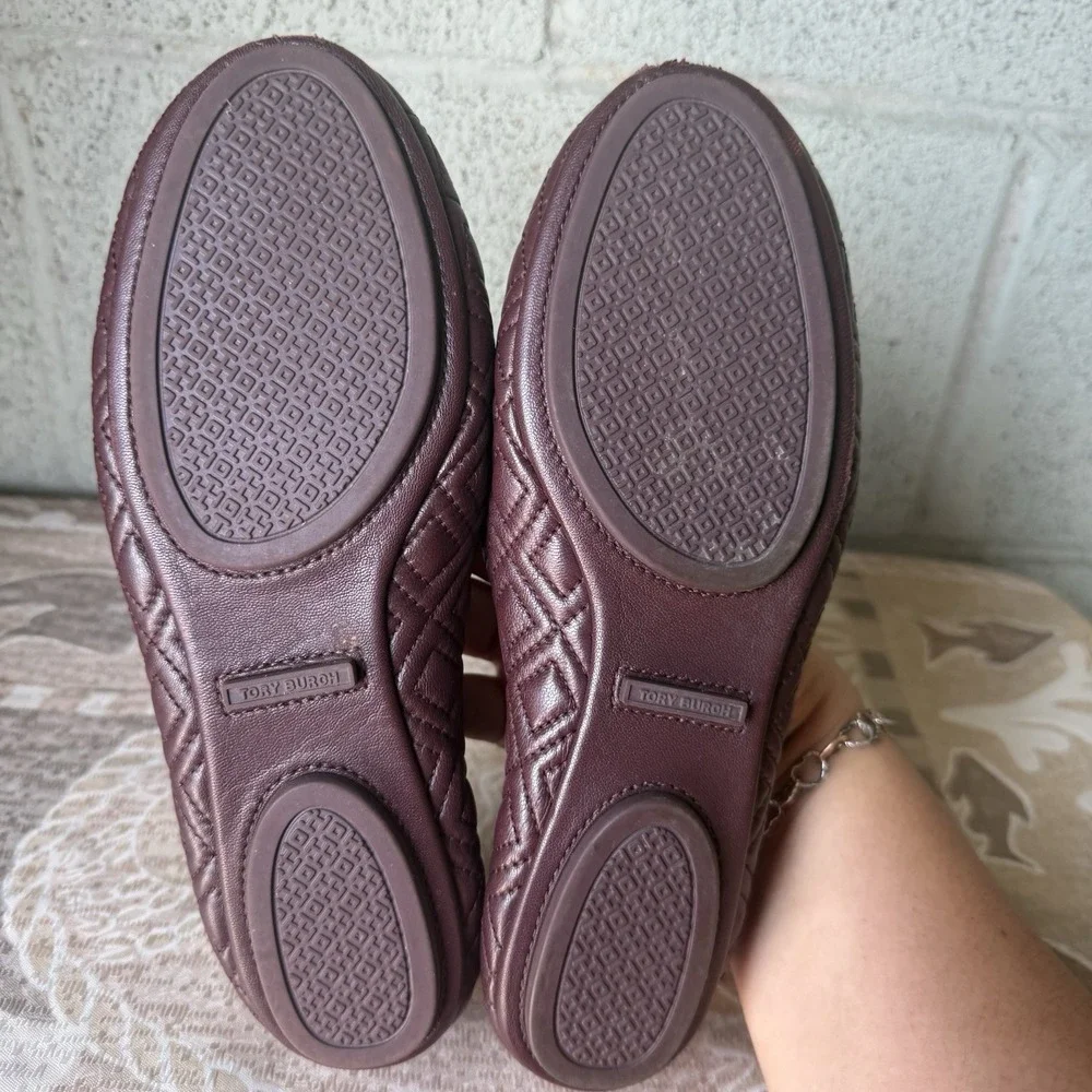 Tory Burch Quilted Burgundy Ballet Flats, Gold Logo Medallion Sz. 6